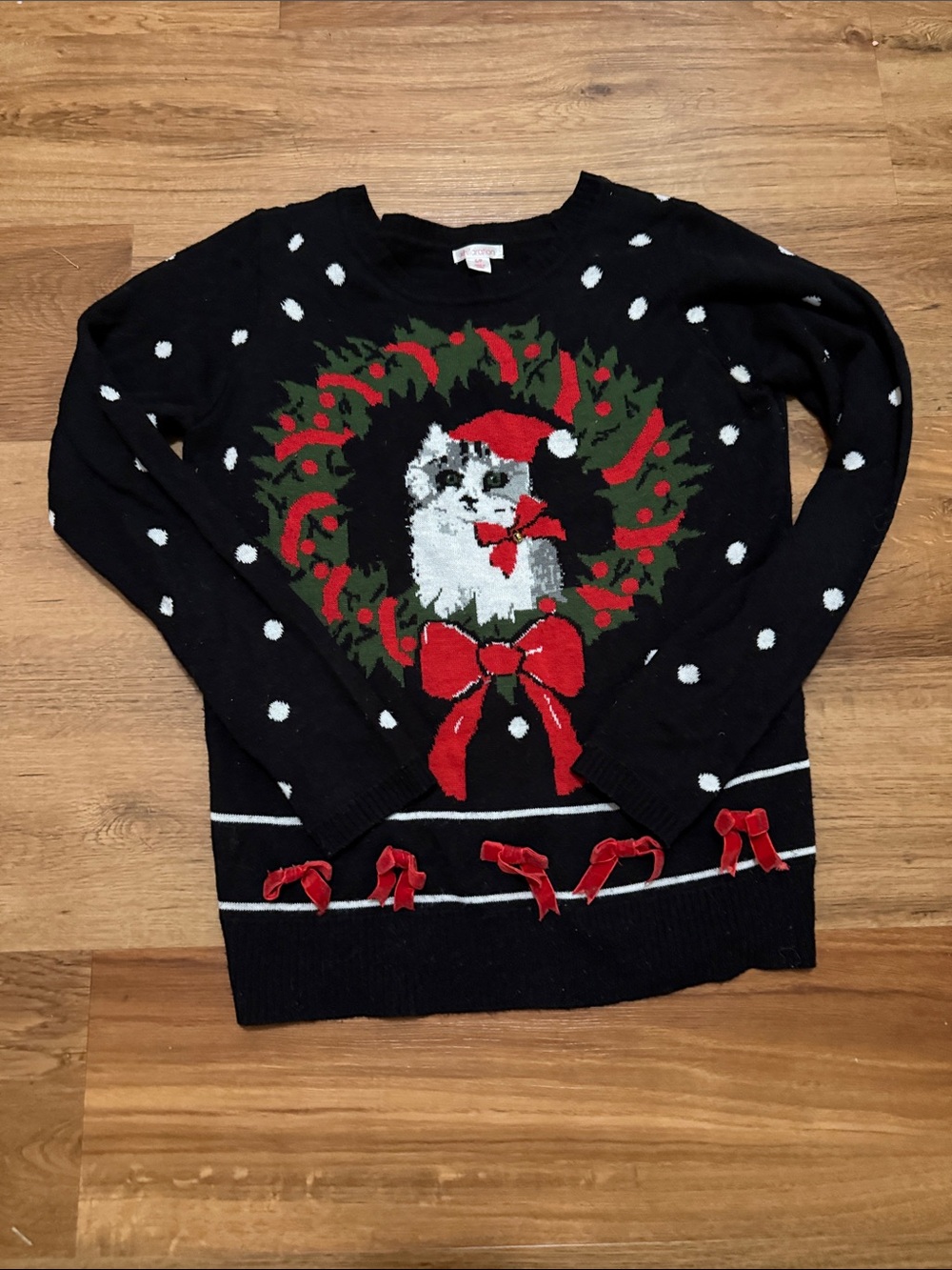Xhilaration Black Holiday Sweater with Festive Cat Wreath Detail
